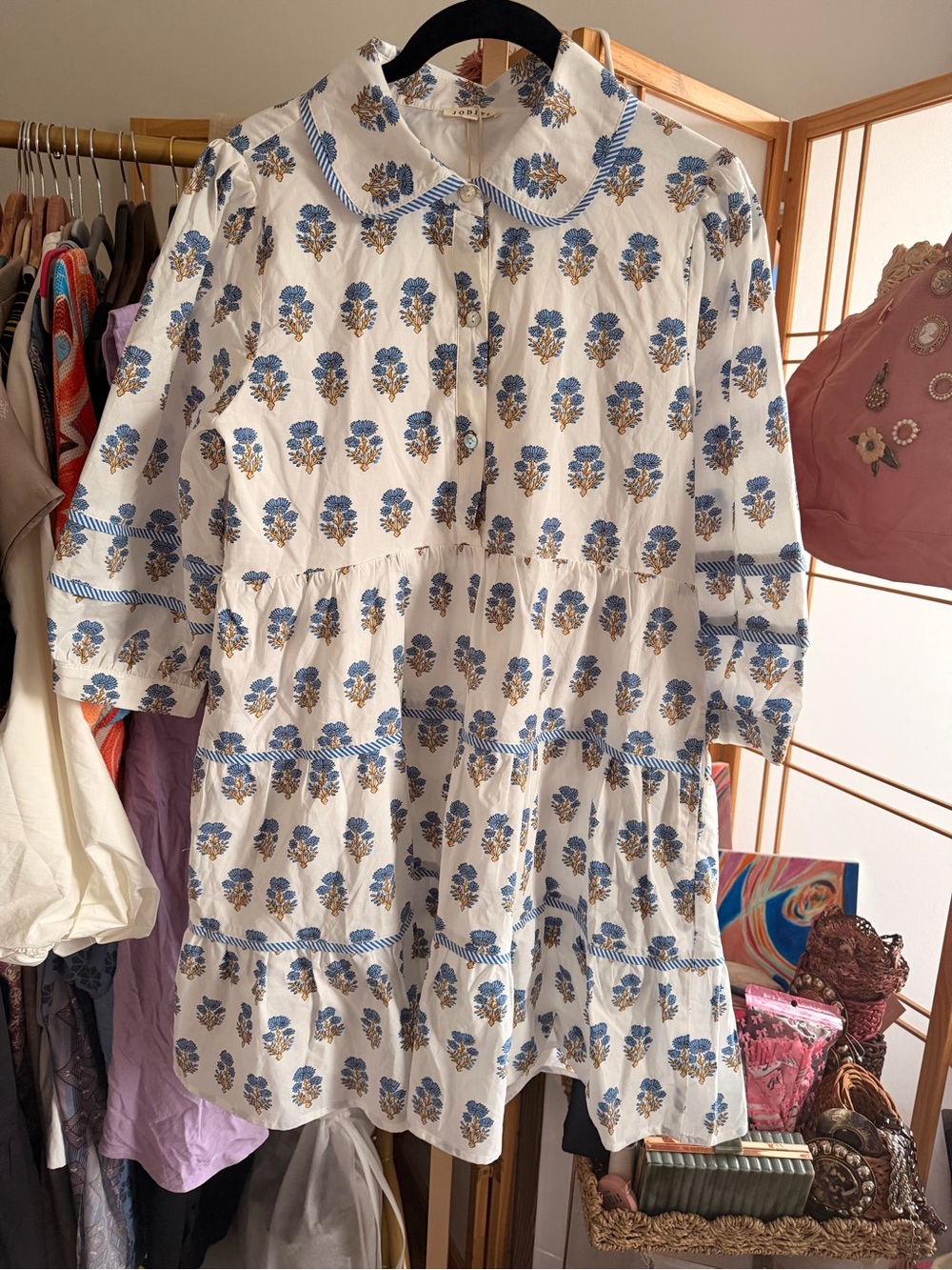 NWT Jodifl Tiered Floral Print Mini Dress Small Blue White Peter Pan Collar Boho
